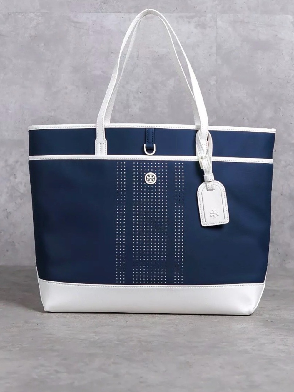 Tory Sport Navy Coated Canvas with White Leather Trim Convertible Tennis Tote